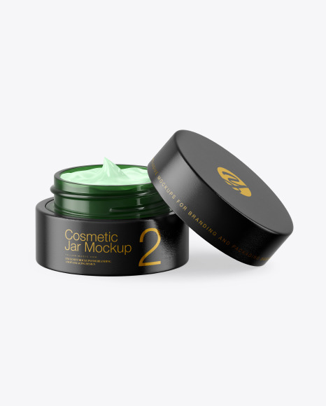 Opened Dark Green Glass Cosmetic Jar in Wooden Shell Mockup PSD #4