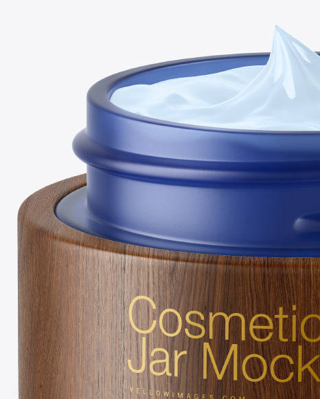 Opened Blue Frosted Glass Cosmetic Jar in Wooden Shell Mockup PSD #5