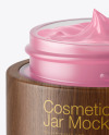 Opened Frosted Glass Cosmetic Jar in Wooden Shell Mockup