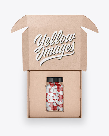 Opened Kraft Box with Pills Bottle Mockup PSD #2