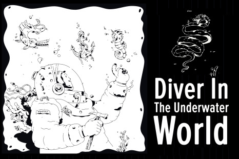 Illustration of a diver among underwater inhabitants
