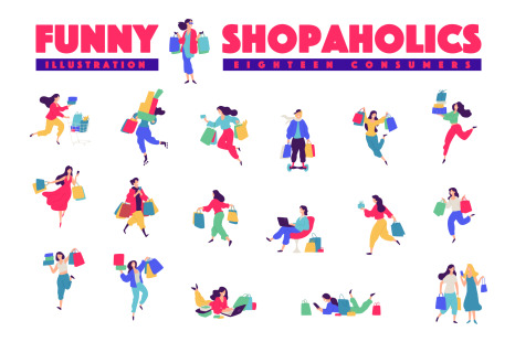 Illustrations of men and women with shopping