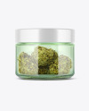 Green Glass Jar with Weed Buds Mockup