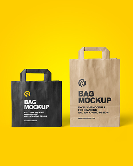 Download Two Paper Bags In Bag Sack Mockups On Yellow Images Object Mockups PSD Mockup Templates