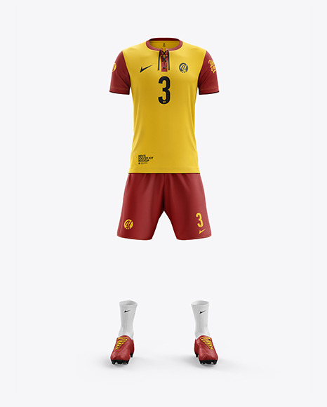 Download Men S Full Soccer Kit With Lace Up Jersey Mockup Front View In Apparel Mockups On Yellow Images Object Mockups PSD Mockup Templates