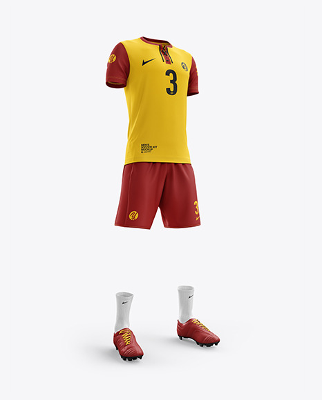 Download Men S Full Soccer Kit With Lace Up Jersey Mockup Hero Shot In Apparel Mockups On Yellow Images Object Mockups