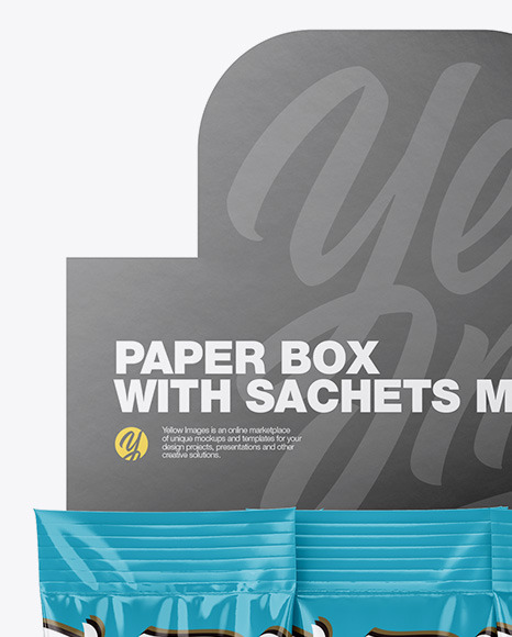 Download Opened Textured Box W 20 Glossy Sachets In Sachet Mockups On Yellow Images Object Mockups PSD Mockup Templates