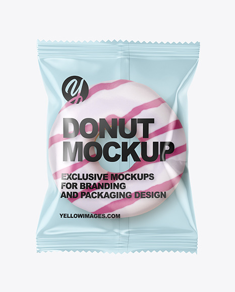 Download Clear Plastic Bag With White Glazed Donut With Pink Stripes Mockup In Bag Sack Mockups On Yellow Images Object Mockups PSD Mockup Templates