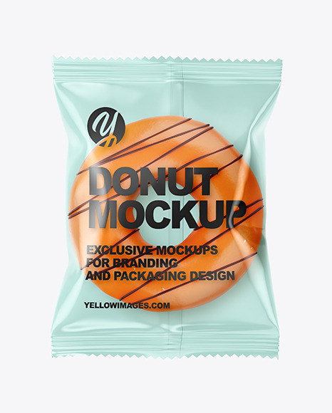 Download Plastic Bag With Orange Glazed Donut With Chocolate Stripes Mockup In Bag Sack Mockups On Yellow Images Object Mockups