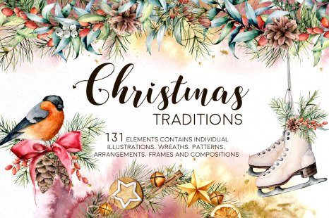 Christmas traditions. Watercolor bundle