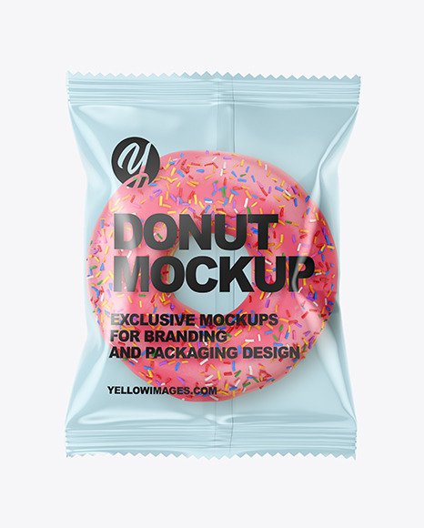 Plastic Bag With Pink Glazed Donut With Sprinkles Mockup In Bag Sack Mockups On Yellow Images Object Mockups