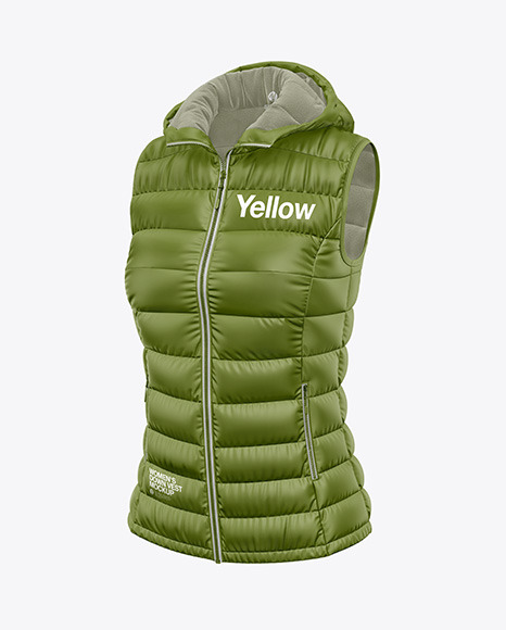 Matte Women S Down Vest W Hood Mockup Front Half Side View In Apparel Mockups On Yellow Images Object Mockups