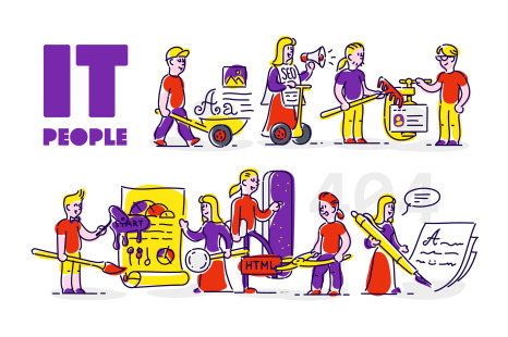 Illustrations of IT developers. Icons and avatars.