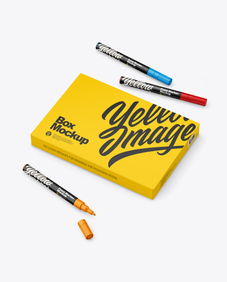 Glossy Box With Marker Pens Mockup In Packaging Mockups On Yellow Images Object Mockups