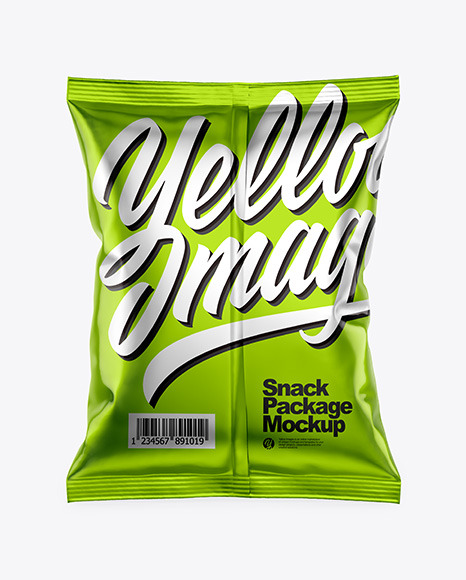 Metallic Snack Package Mockup Back View In Flow Pack Mockups On Yellow Images Object Mockups