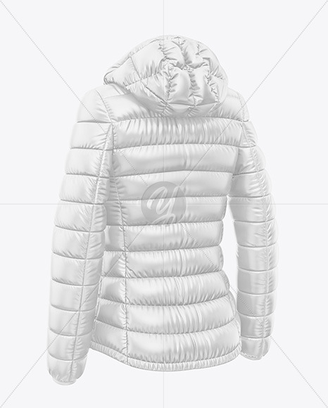 Download Glossy Women S Down Jacket W Hood Mockup Back Half Side View In Apparel Mockups On Yellow Images Object Mockups