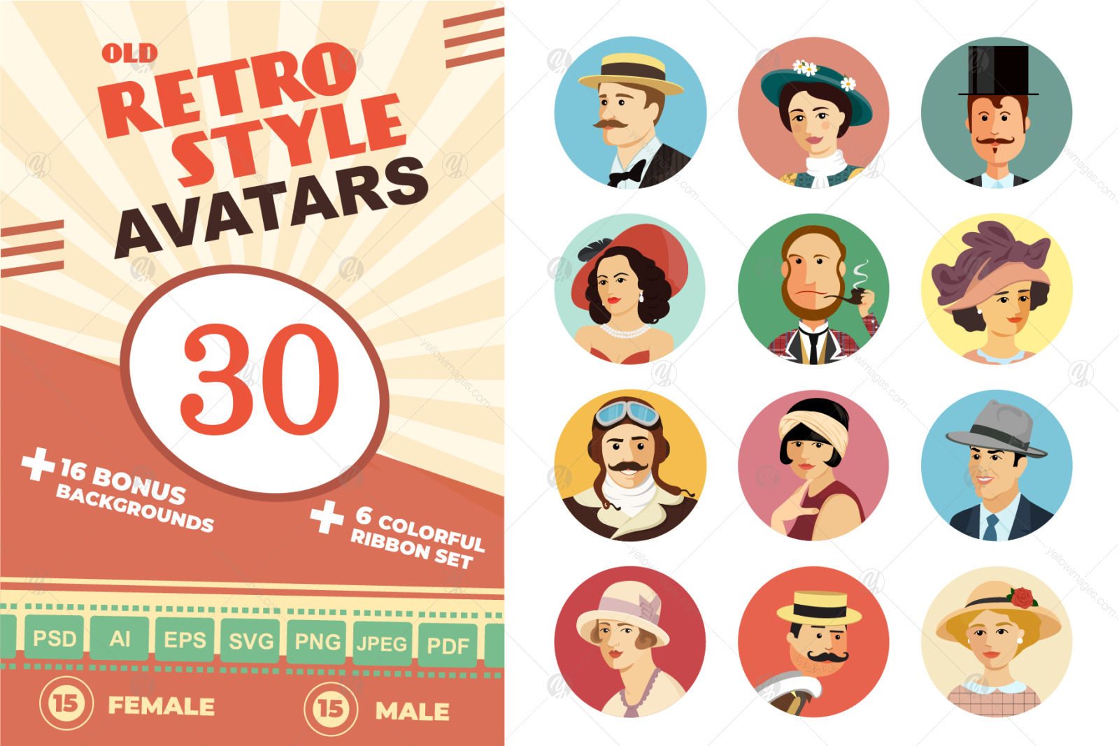 Download Avatars Retro People Vector Cartoon Illustrations In Illustrations On Yellow Images Creative Store Yellowimages Mockups