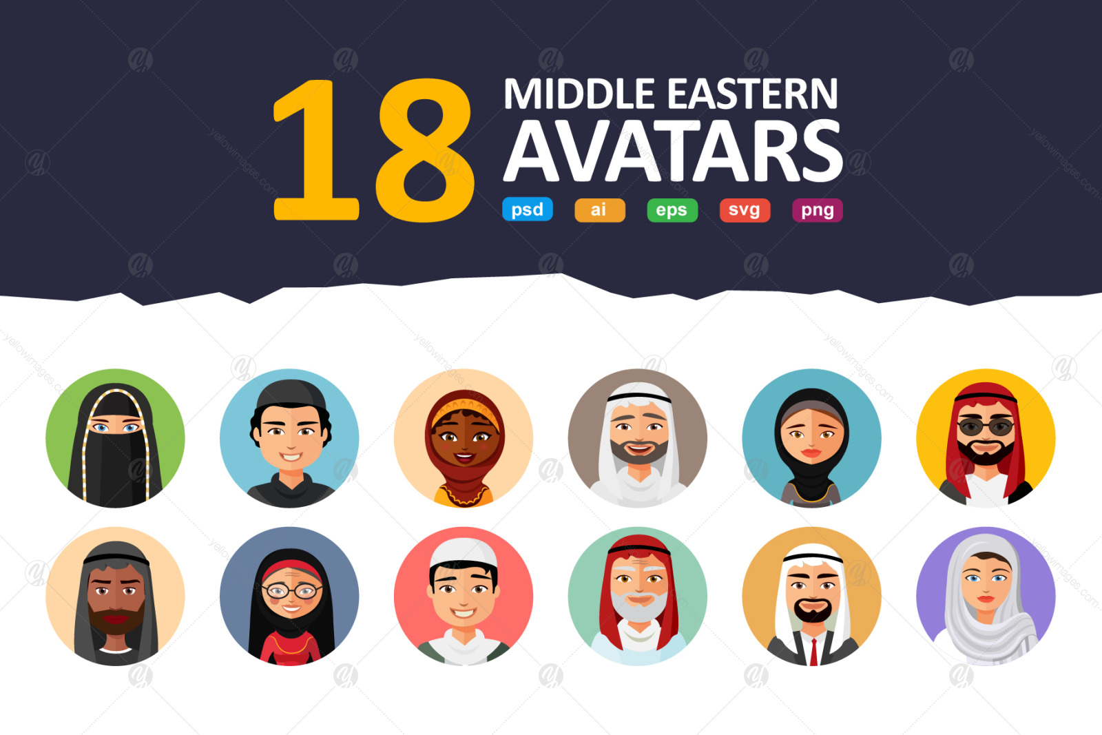 18 Flat Middle Eastern Avatars In Icons On Yellow Images Creative Store