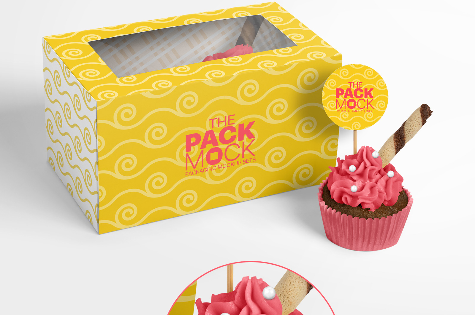 Download Cupcake Packaging Mockups Box Of Two Cupcakes In Packaging Mockups On Yellow Images Creative Store PSD Mockup Templates