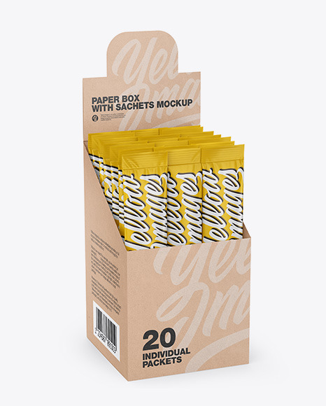 Download Opened Box W 20 Matte Sachets In Sachet Mockups On Yellow Images Object Mockups Yellowimages Mockups