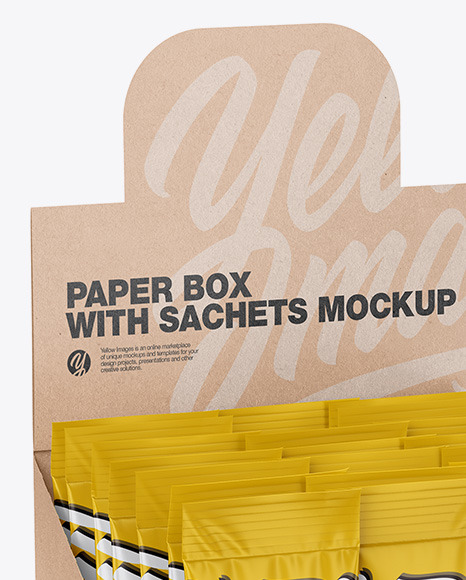 Opened Box W 20 Matte Sachets In Sachet Mockups On Yellow Images Object Mockups