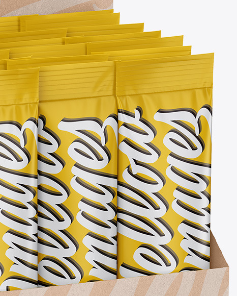 Download Opened Box W 20 Matte Sachets In Sachet Mockups On Yellow Images Object Mockups PSD Mockup Templates