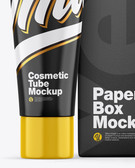 Download Glossy Cosmetic Tube W Box Mockup In Tube Mockups On Yellow Images Object Mockups PSD Mockup Templates