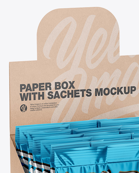 Download Opened Box W 20 Metallic Sachets In Sachet Mockups On Yellow Images Object Mockups PSD Mockup Templates