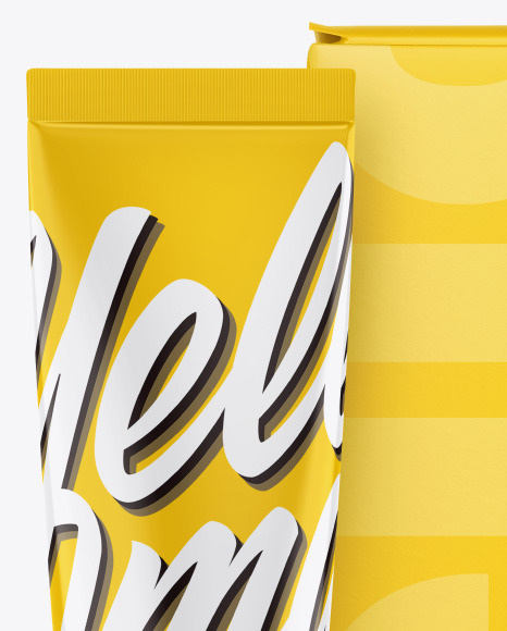 Download Glossy Cosmetic Tube W Box Mockup In Tube Mockups On Yellow Images Object Mockups PSD Mockup Templates