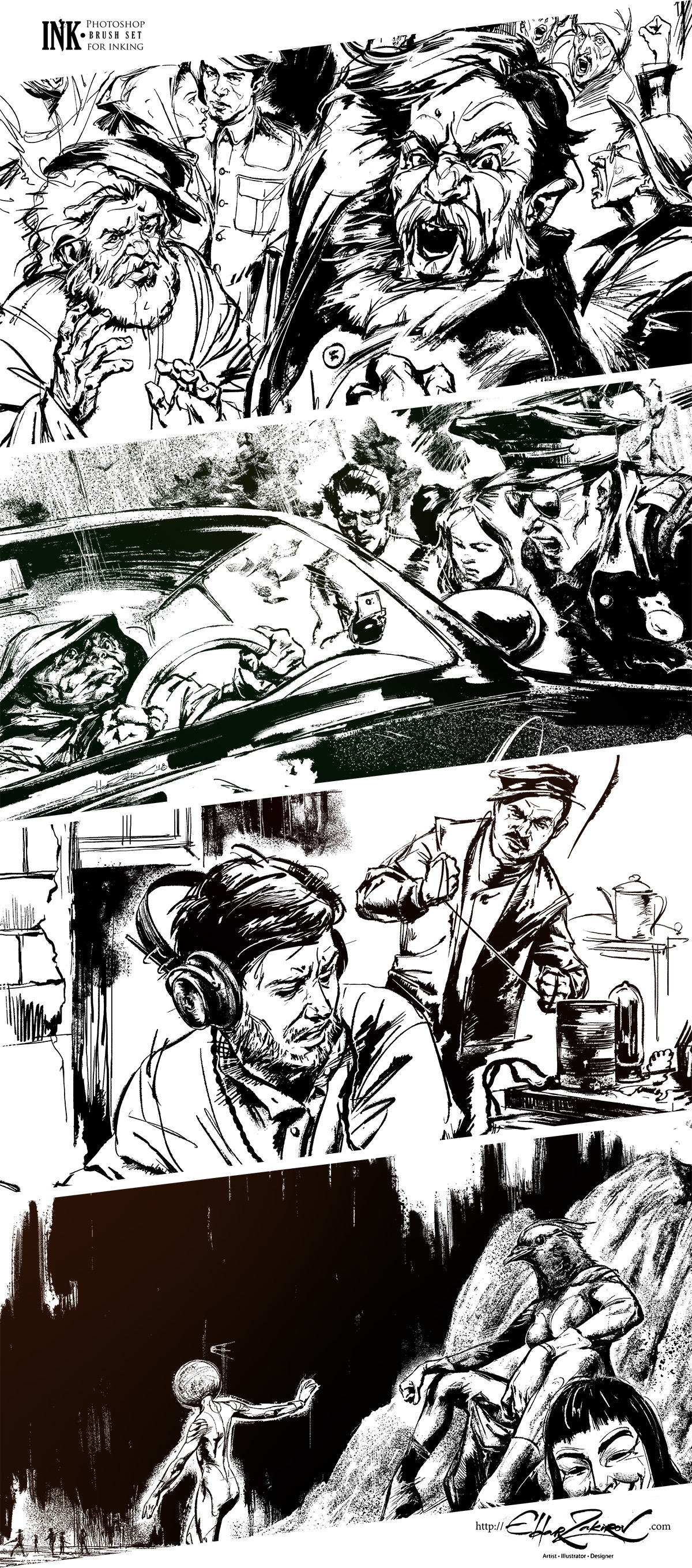 'INK.' 40 Photoshop Brushes for Inking + Photoshop Action for halftone removing