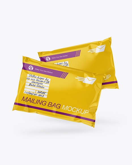 Download Two Glossy Mailing Bags Mockup Front View In Bag Sack Mockups On Yellow Images Object Mockups Yellowimages Mockups