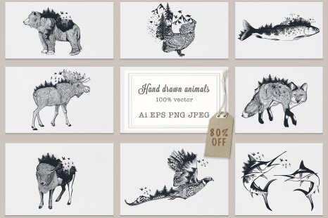 Bundle of artistic vector hand drawn animals