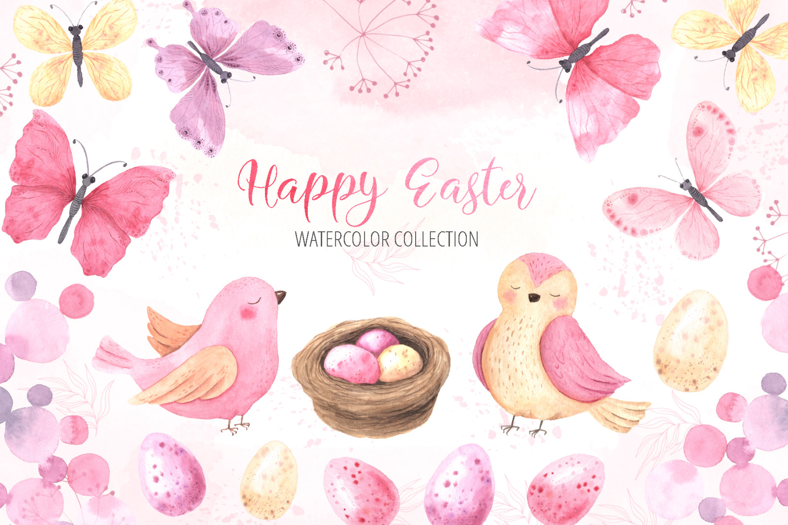 Watercolor Happy Easter Collection on Yellow Images Creative Store