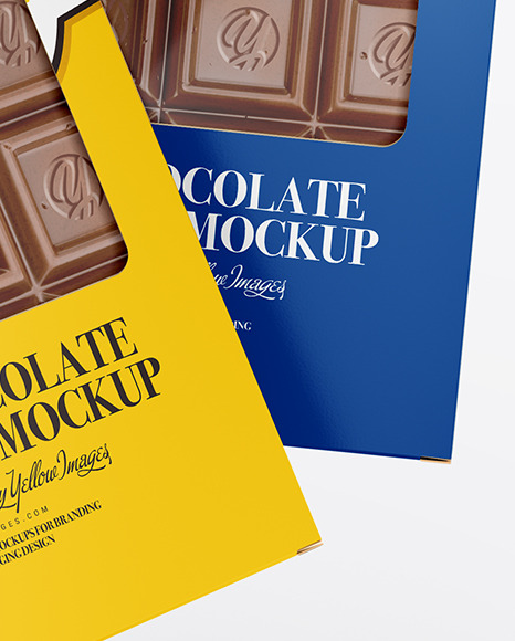 Download Two Glossy Chocolate Box W Window Mockup Half Side View In Box Mockups On Yellow Images Object Mockups