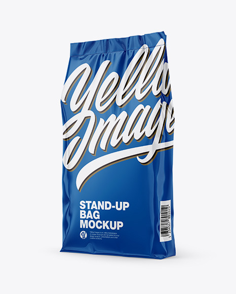 Download Glossy Stand Up Bag Mockup Half Side View In Bag Sack Mockups On Yellow Images Object Mockups PSD Mockup Templates