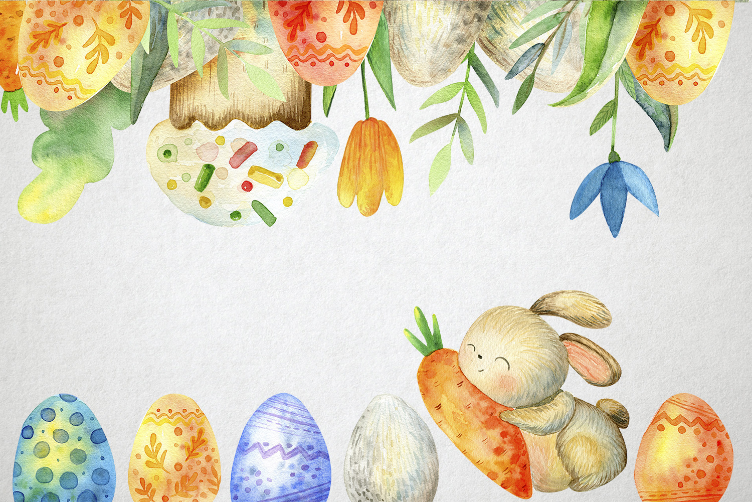 Happy Easter. Watercolor set on Yellow Images Creative Store