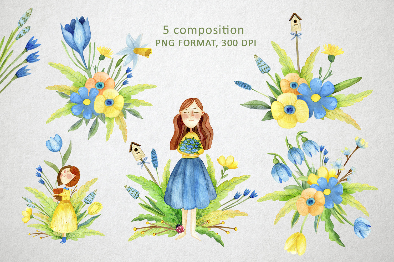 Watercolor Spring Set on Yellow Images Creative Store