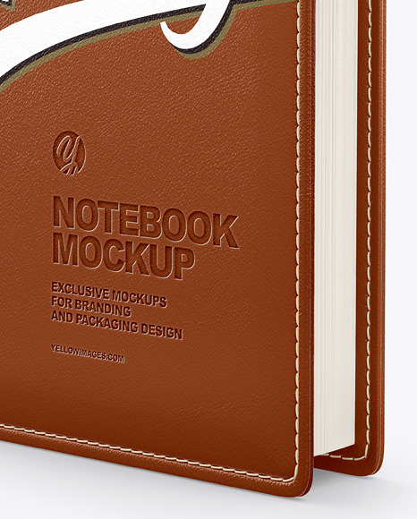 Notebook With Leather Cover Mockup Half Side View In Stationery Mockups On Yellow Images Object Mockups