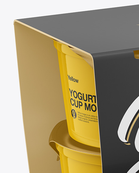 Download Yogurt 4 Pack Mockup In Box Mockups On Yellow Images Object Mockups PSD Mockup Templates