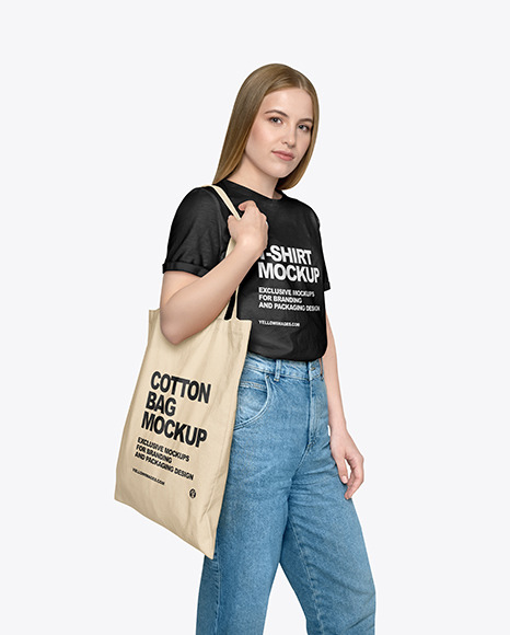 Download Girl W Cotton Bag Mockup In Object Mockups On Yellow Images Object Mockups