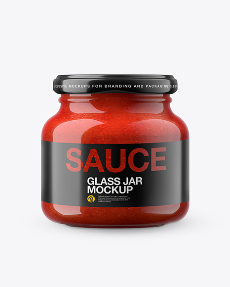 Glass Red Hot Sauce Jar in Shrink Sleeve Mockup in Jar Mockups on Yellow Images Object Mockups