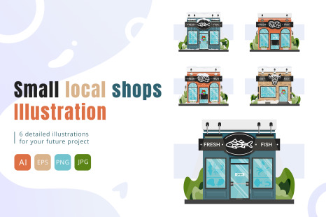 Cute small local shops storefronts at summer and with Christmas decorations