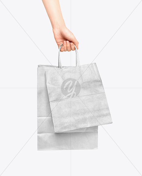 Hand W Two Paper Bags Mockup In Bag Sack Mockups On Yellow Images Object Mockups