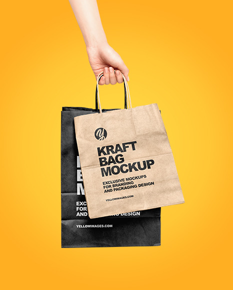 Download Hand W Two Paper Bags Mockup In Bag Sack Mockups On Yellow Images Object Mockups