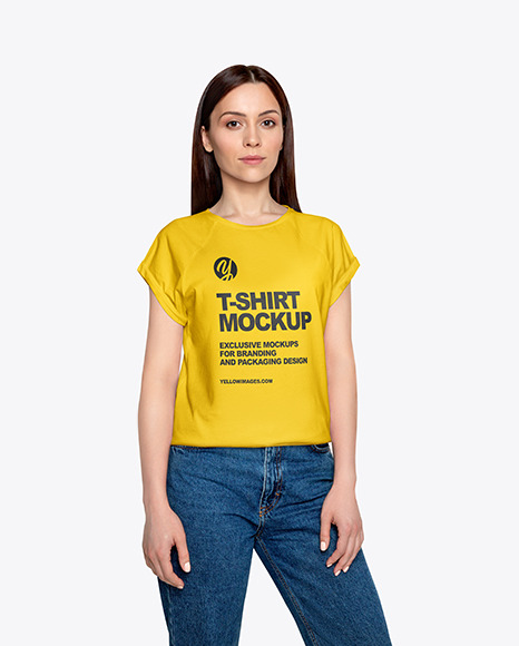 Download Woman In T Shirt Mockup In Apparel Mockups On Yellow Images Object Mockups PSD Mockup Templates