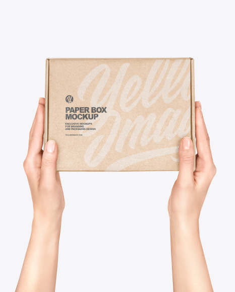 Download Paper Box In A Hand Mockup In Box Mockups On Yellow Images Object Mockups PSD Mockup Templates