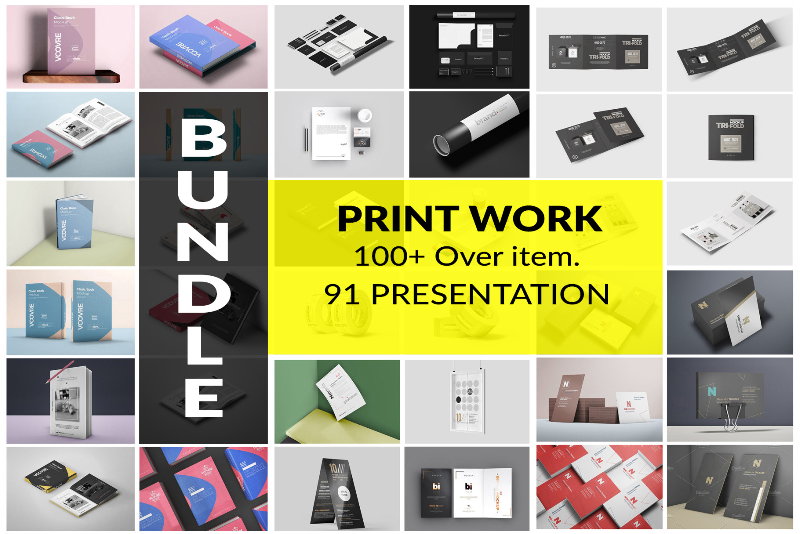 Print Work Bundle In Stationery Mockups On Yellow Images Creative Store