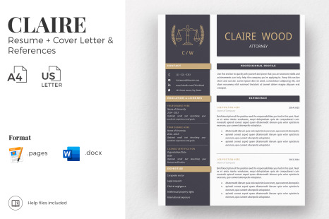 Lawyer Resume Template for MS Word and Pages. Attorney Resume + Cover Letter + References + icons