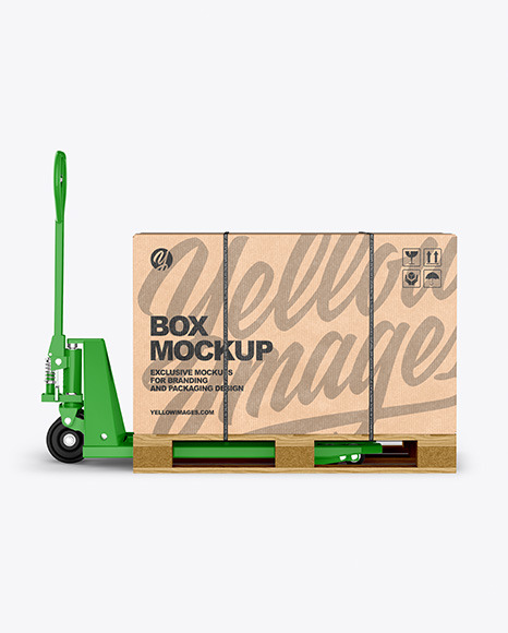 Download Hand Pallet Truck Kraft Box Mockup In Box Mockups On Yellow Images Object Mockups PSD Mockup Templates