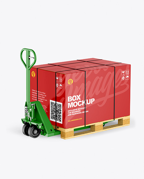 Download Hand Pallet Truck Glossy Box Mockup In Box Mockups On Yellow Images Object Mockups PSD Mockup Templates